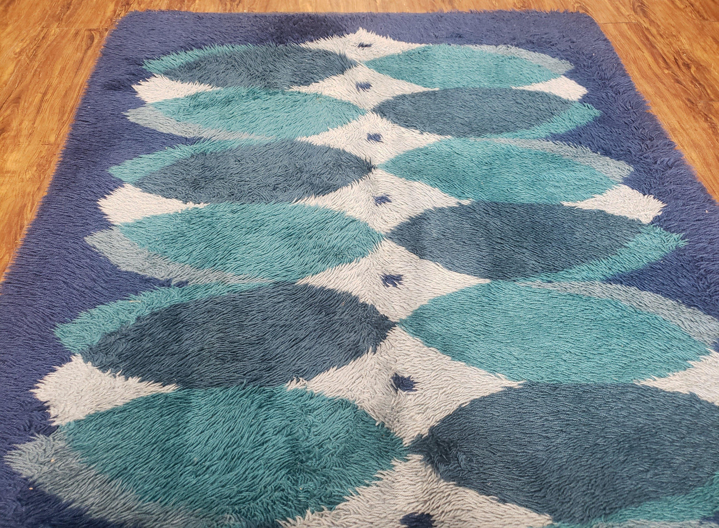 Blue Rya Rug Mid Century Danish Shag Wool Abstract Modern Rug 4 Foot 6 Inch By 6 Foot 7 Inch