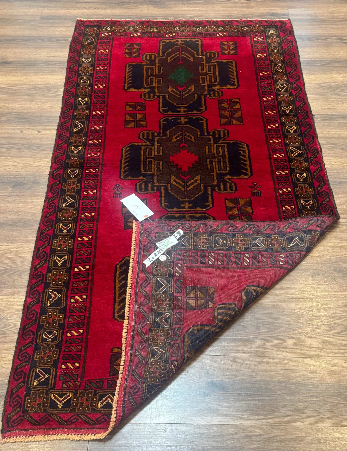 Afghan Balouch Rug Red 4x7 Handmade Wool Area Carpet Triple Medallions