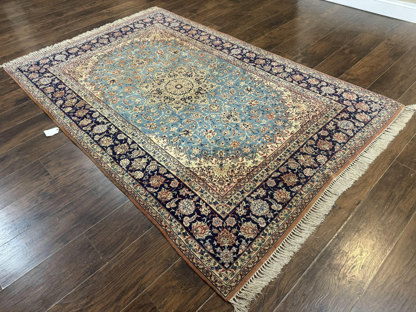 Light Blue Persian Isfahan Rug 5x8, Floral Medallion, Wool on Silk Foundation, Very Fine 530 KPSI, Handmade Carpet