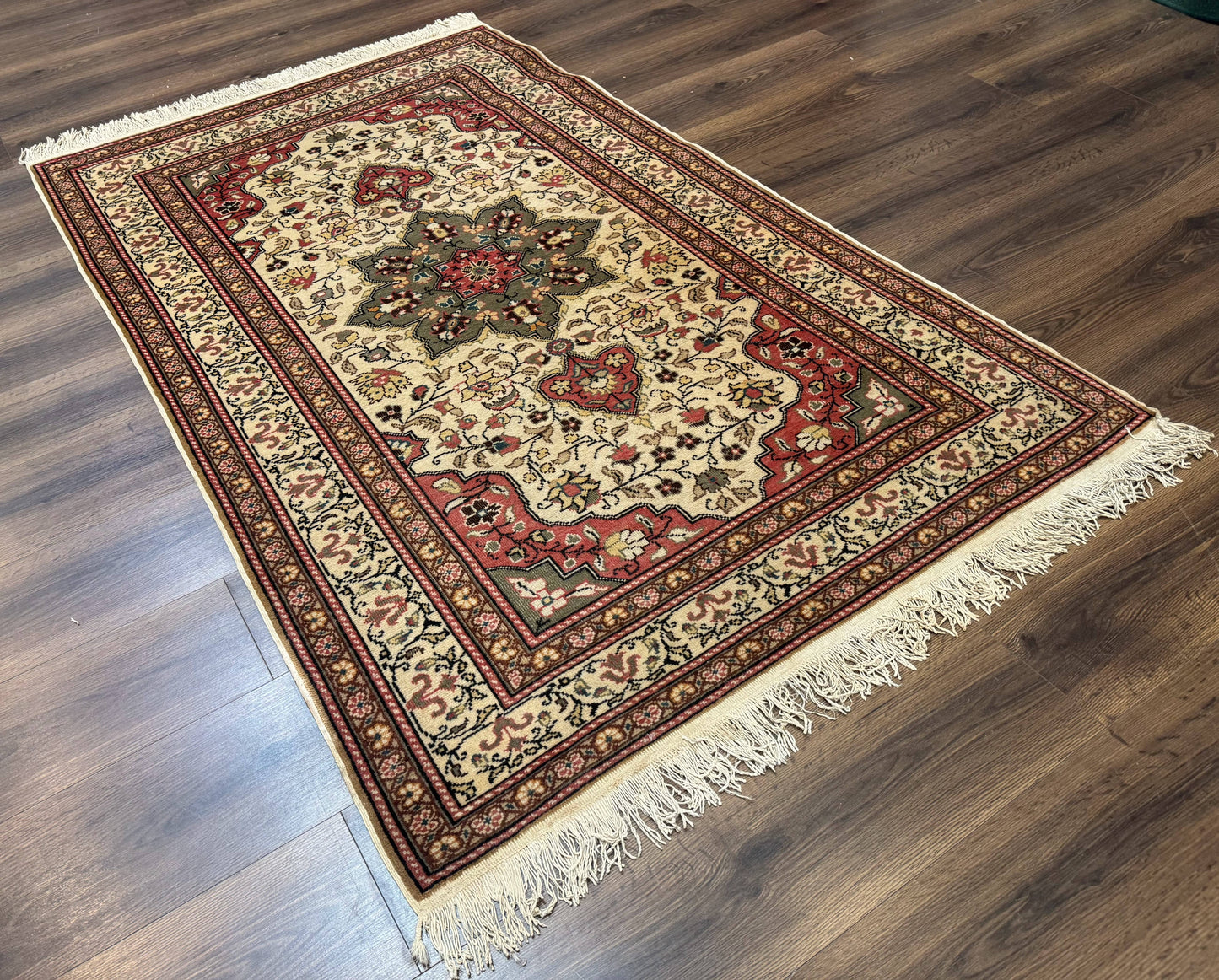 Turkish Sivas Rug 4x6, Floral Medallion, Beige Pink-Red Green, Handmade