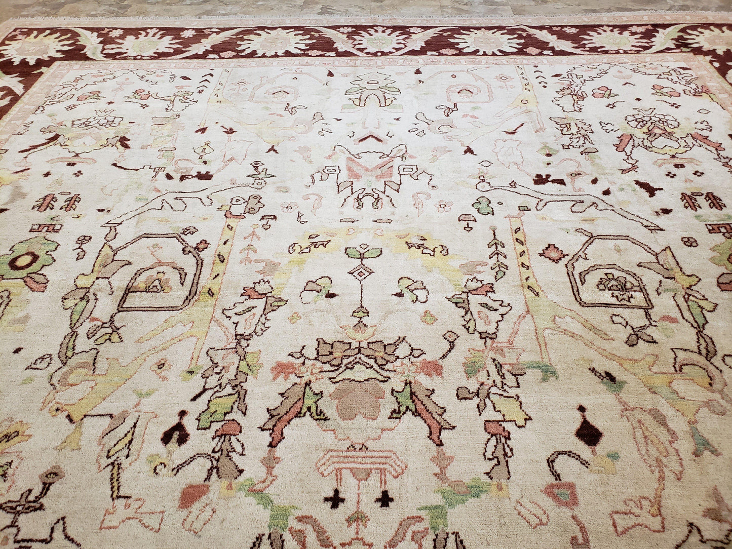 Beige and Maroon Peshawar Rug 10x15, Large Oushak Carpet, Pakistani Rug, Handmade Area Rug, Hand Knotted Rug, Living Room Rug, Nice Wool Rug