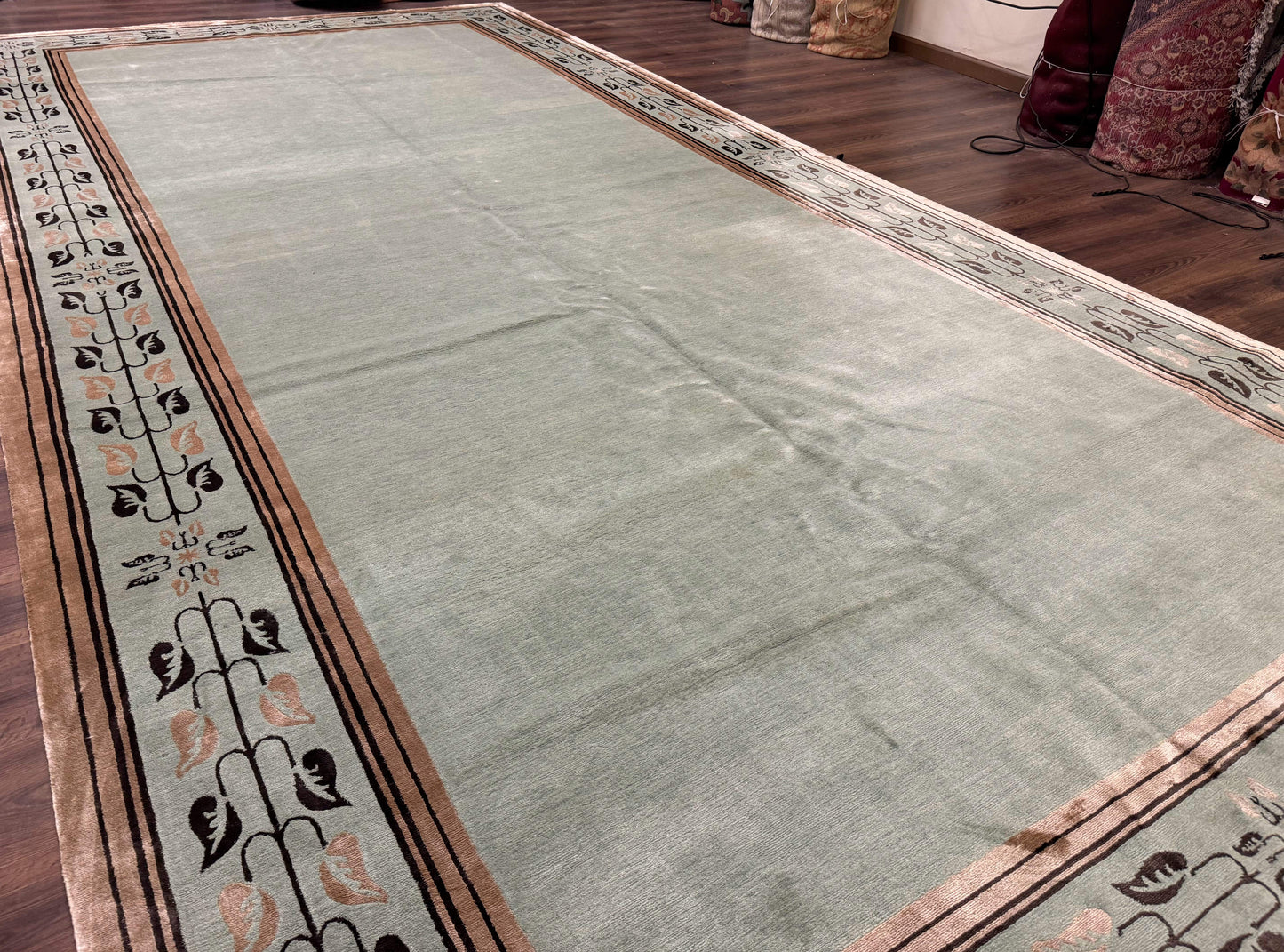 Palace Size Nepali Rug 9x18 Light Mint Green Open Field Wool Hand Knotted Modern Contemporary