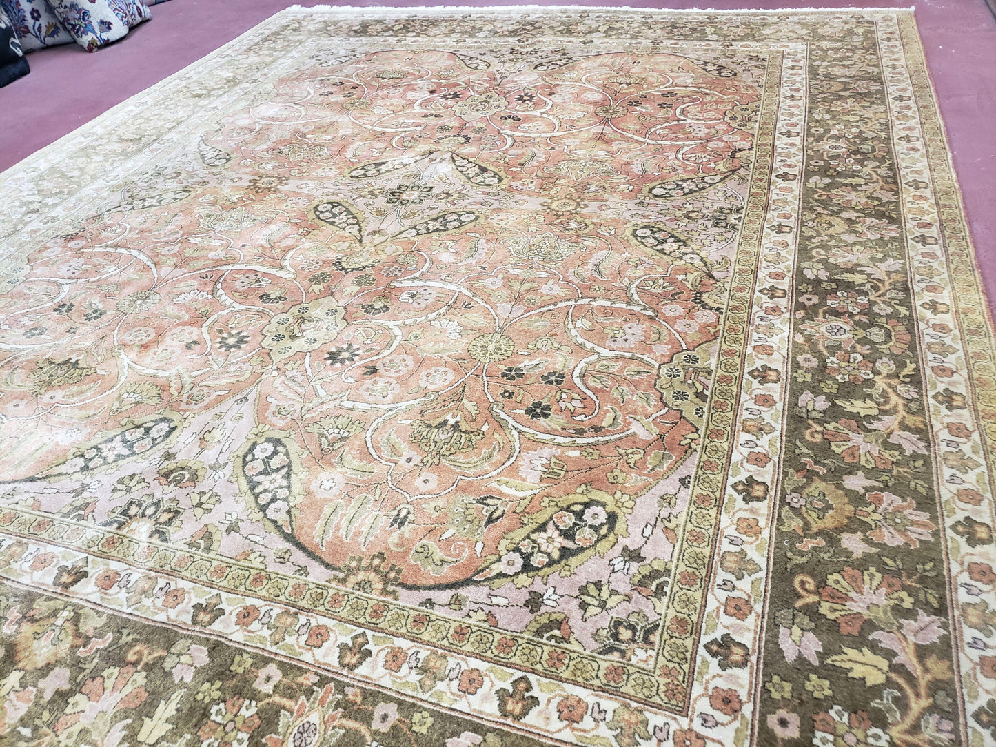 Indo Persian Rug 8x10, Vintage Indian Rug 8 x 10, Fine Hand-Knotted Wool Rug, Rose Clay Red Beige Brown Handmade Area Rug, Floral Medallion