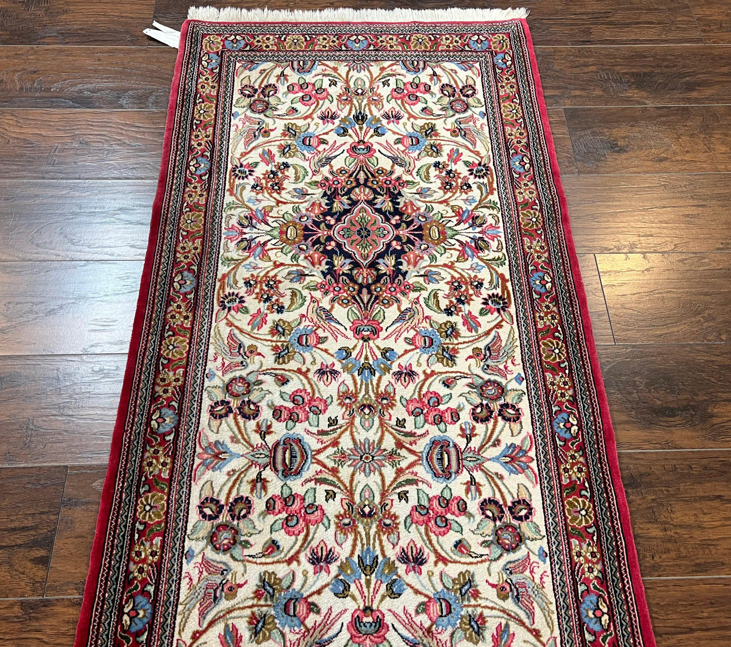 Persian Qum Runner Rug 2.8 x 10 Feet Hand Knotted Wool Floral Medallions With Birds