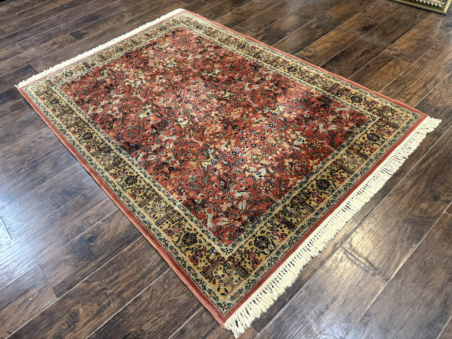 Persian Hunting Design Rug 4.7 x 6.5, Hunting Scene, Red-Orange, Wool, Belgian Power Loomed Carpet