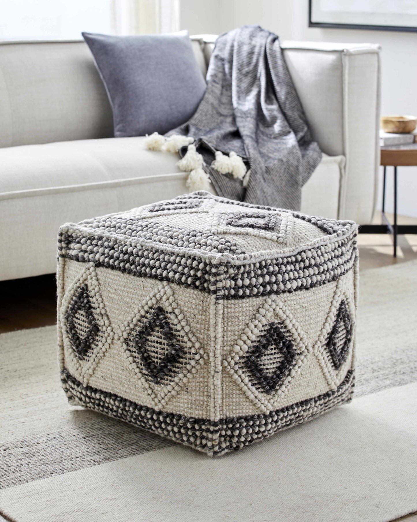 Cowanesque Beige Diamond Patterned Square Pouf For Living Room Bedroom