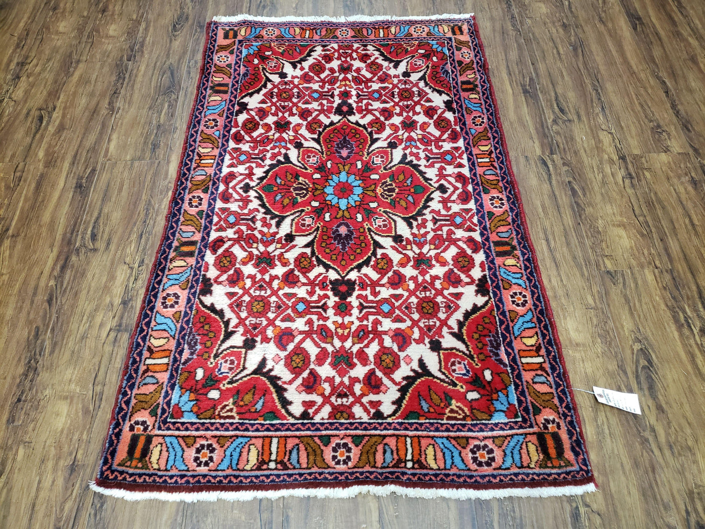 Handmade Floral Wool Rug Turkish Vintage 3 Ft 2 In By 5 Ft 1 In Red Beige Ivory
