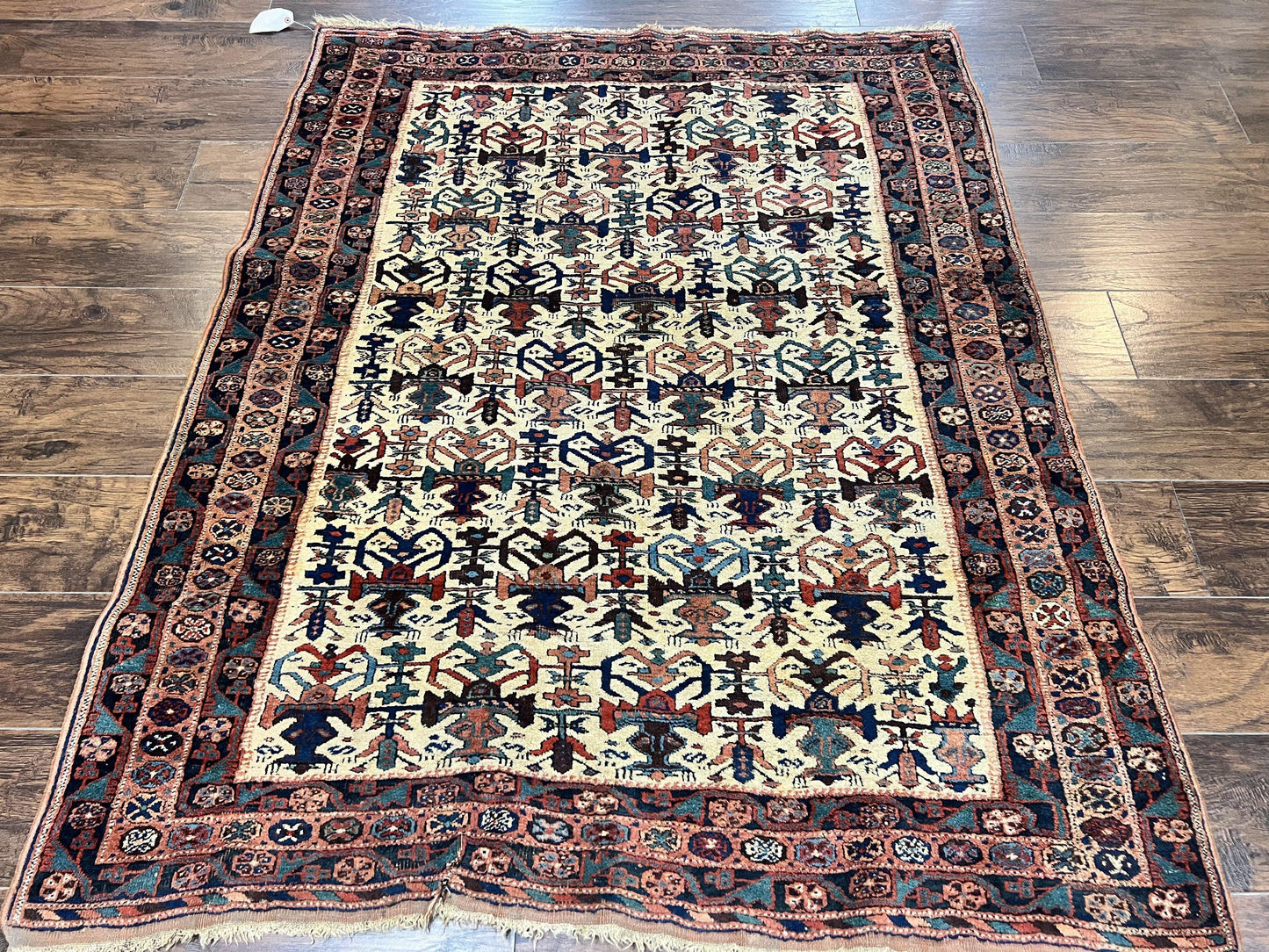 Persian Afshar Rug 5x6, Allover Repeated Motif, Wool Tribal Carpet, Handmade Semi Antique Rug