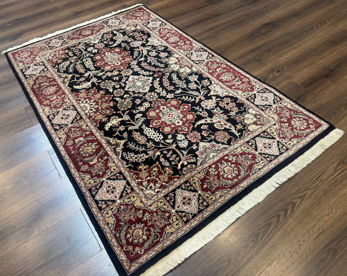 Pak Persian Rug 4x6, Black and Burgundy, Floral Allover, Wool and Silk