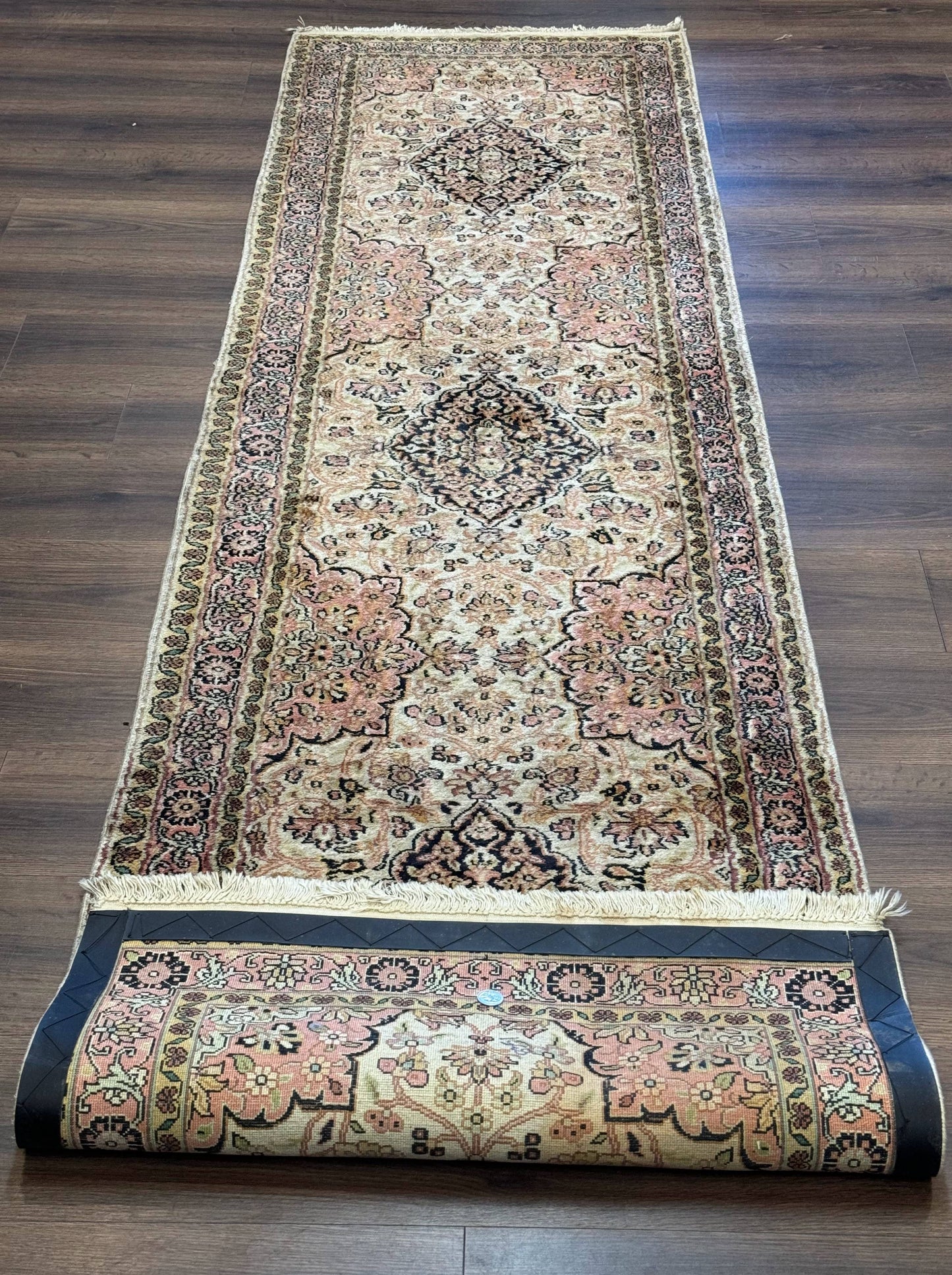 Silk Indian Kashmiri Runner Rug 2.7 x 9.8, Floral Medallions