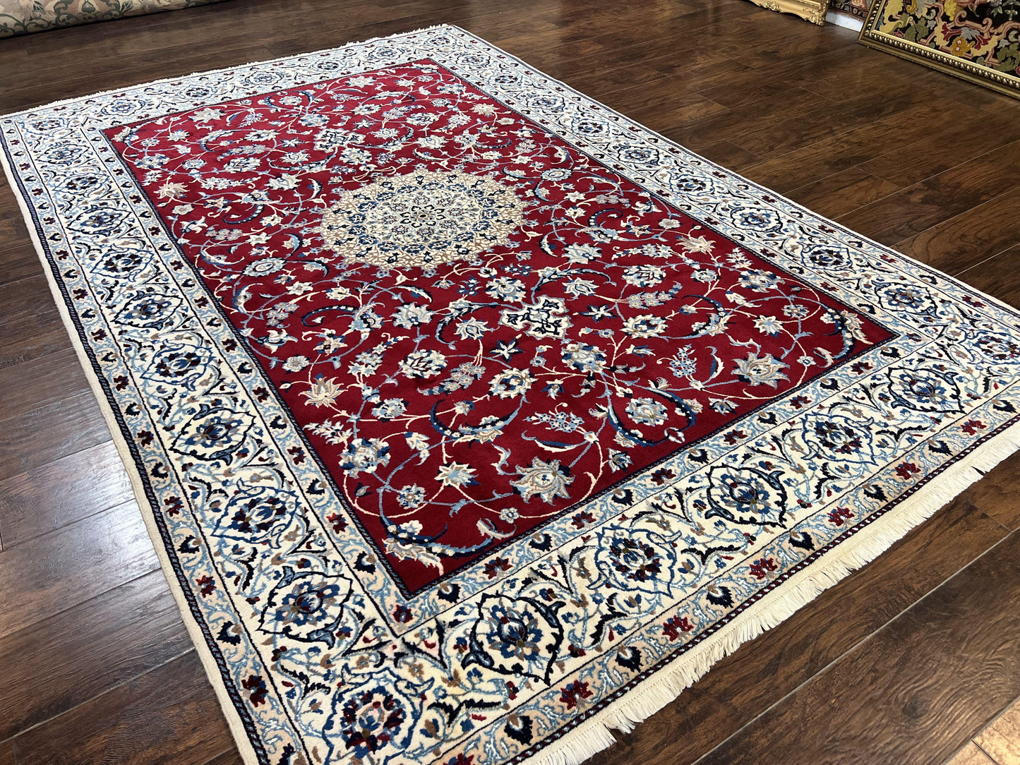 Persian Nain Rug 6x10, Wool and Silk Highlights, Red and Ivory, Floral Medallion, Vintage Handmade Hand Knotted, Fine 225 KPSI, Traditional Rug