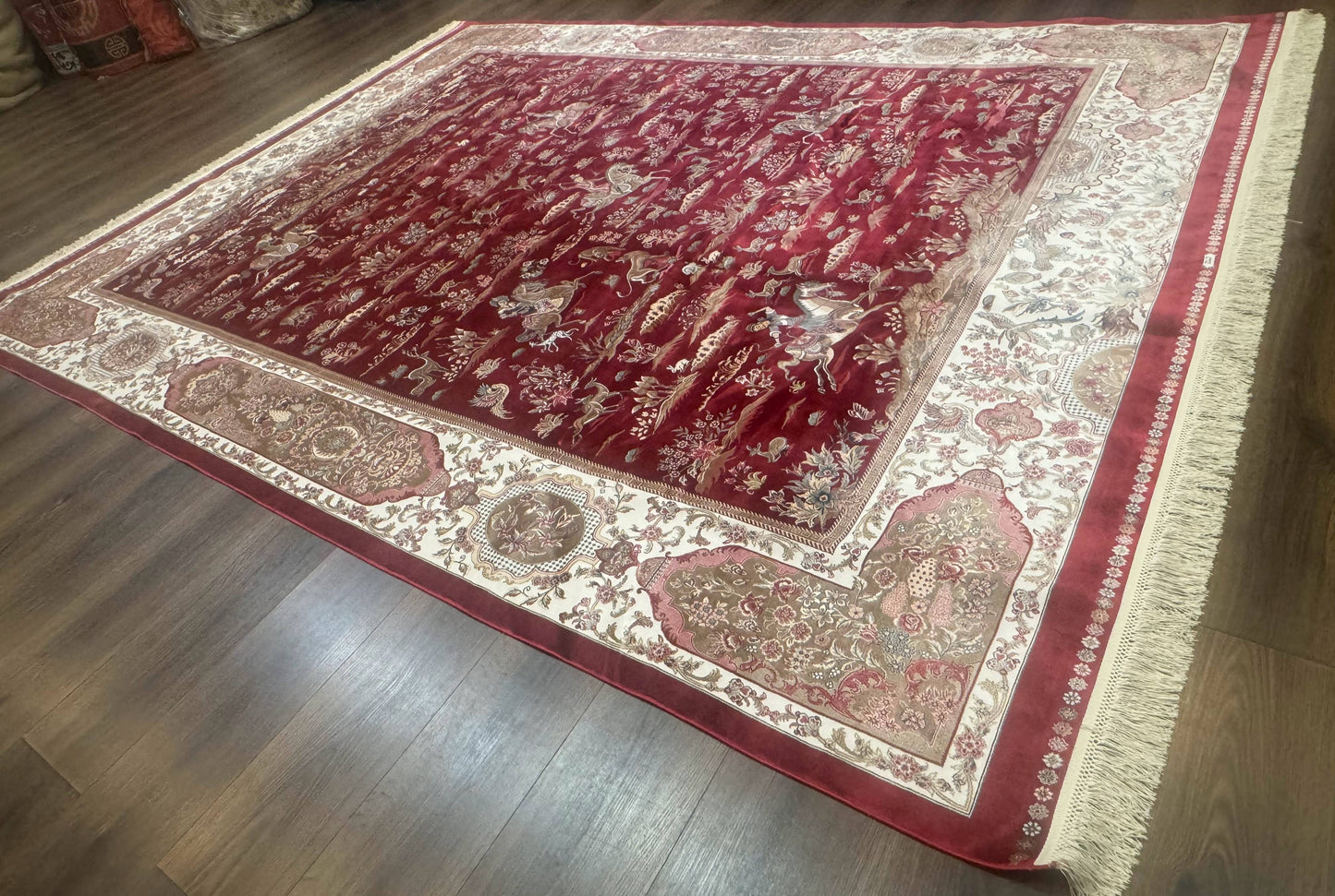 Turkish Silk Rug 8x10 Modern Bamboo Silk Hunting Design Area Rug