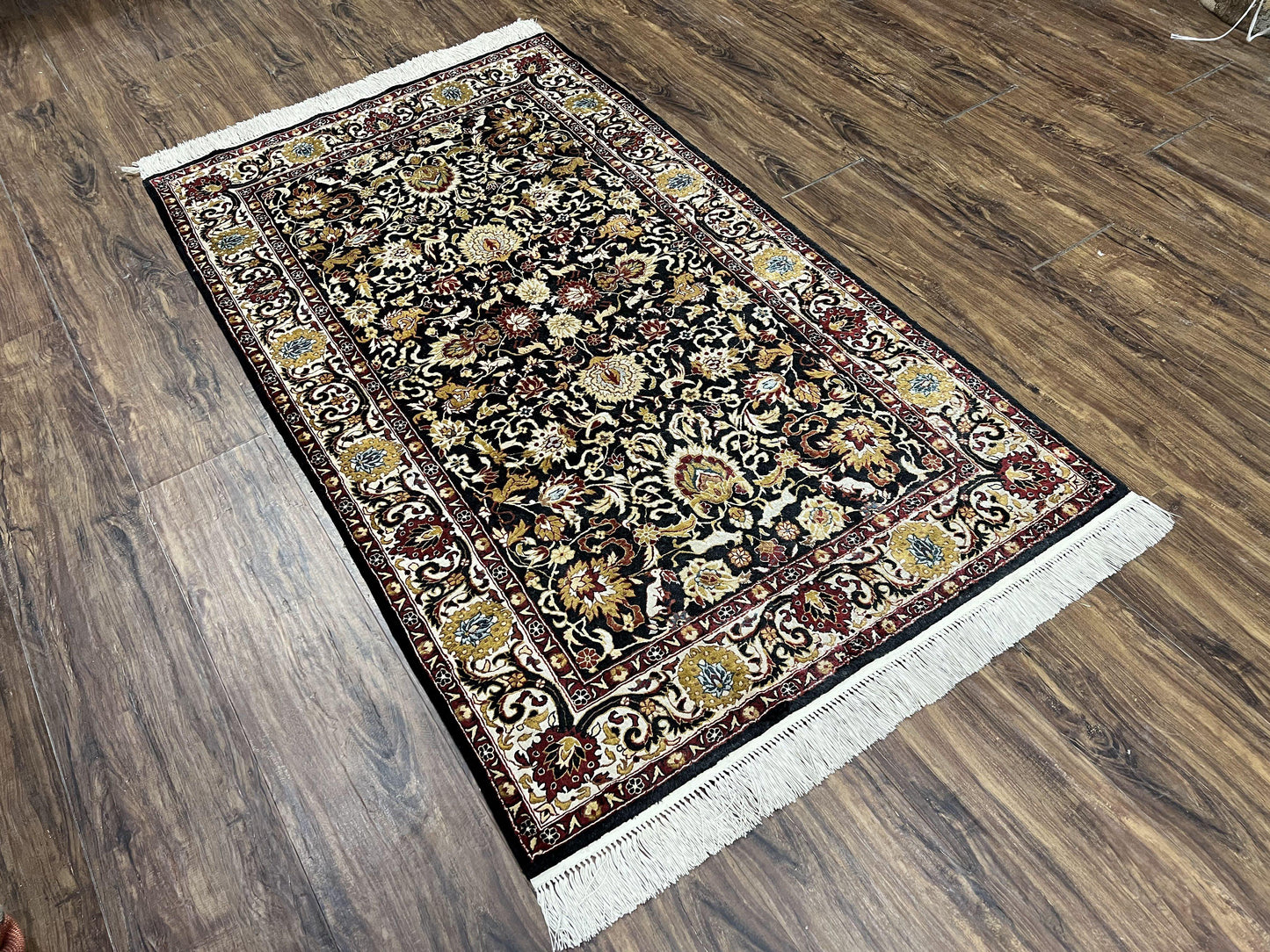 Sino Persian Silk Rug 3x5 Oriental Carpet 3 x 5 Fine Silk Rug, Black Ivory Gold, Animal Motifs, Flowers, High Quality, Vintage Silk Rug Wow