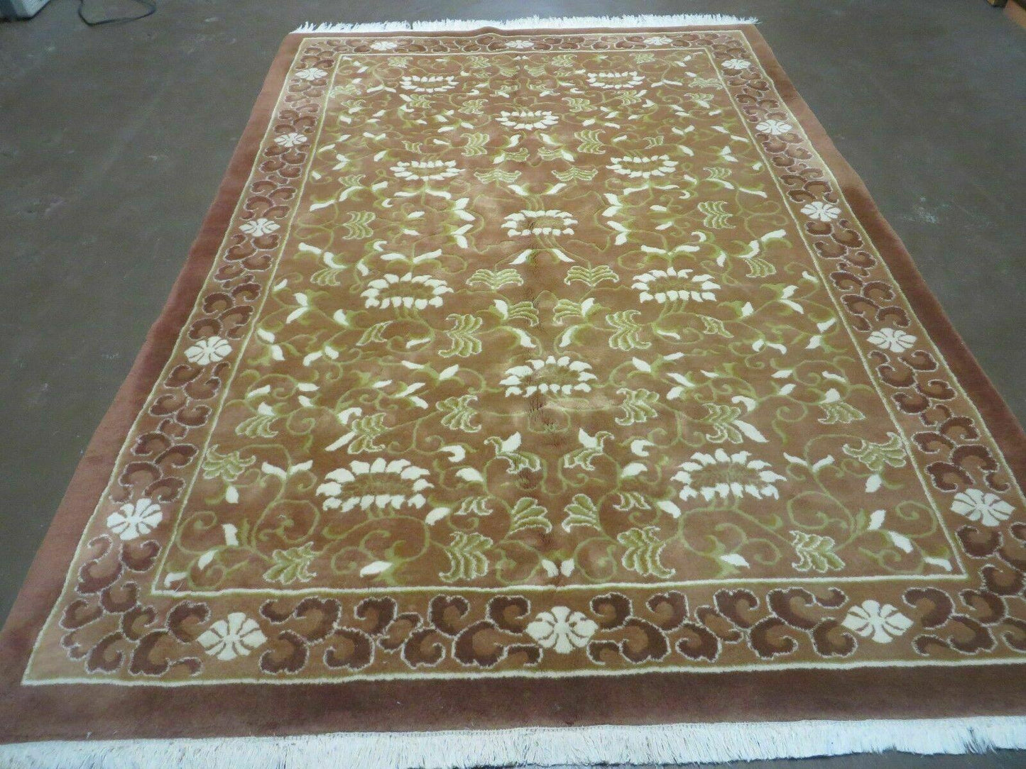Vintage Handmade Indian Floral Wool Rug 6x9 Fringed Toffee Caramel Made In India