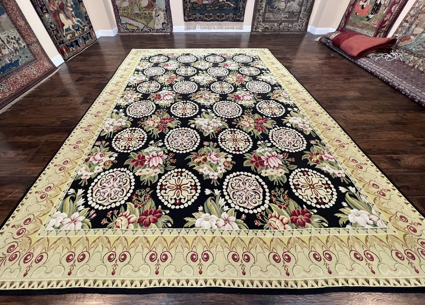 Black Wool Needlepoint Rug 9x12 Handwoven European Floral Panel Design Vintage Chinese