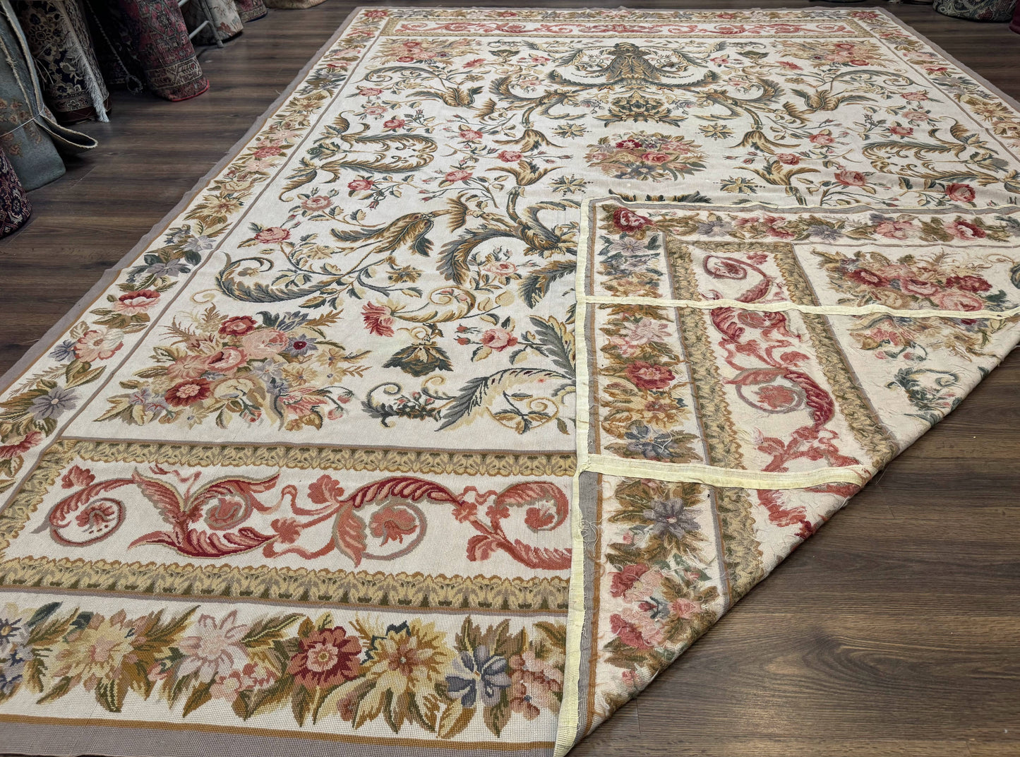 Aubusson Needlepoint Rug 10x14 Elegant European French Carpet Vintage Wool
