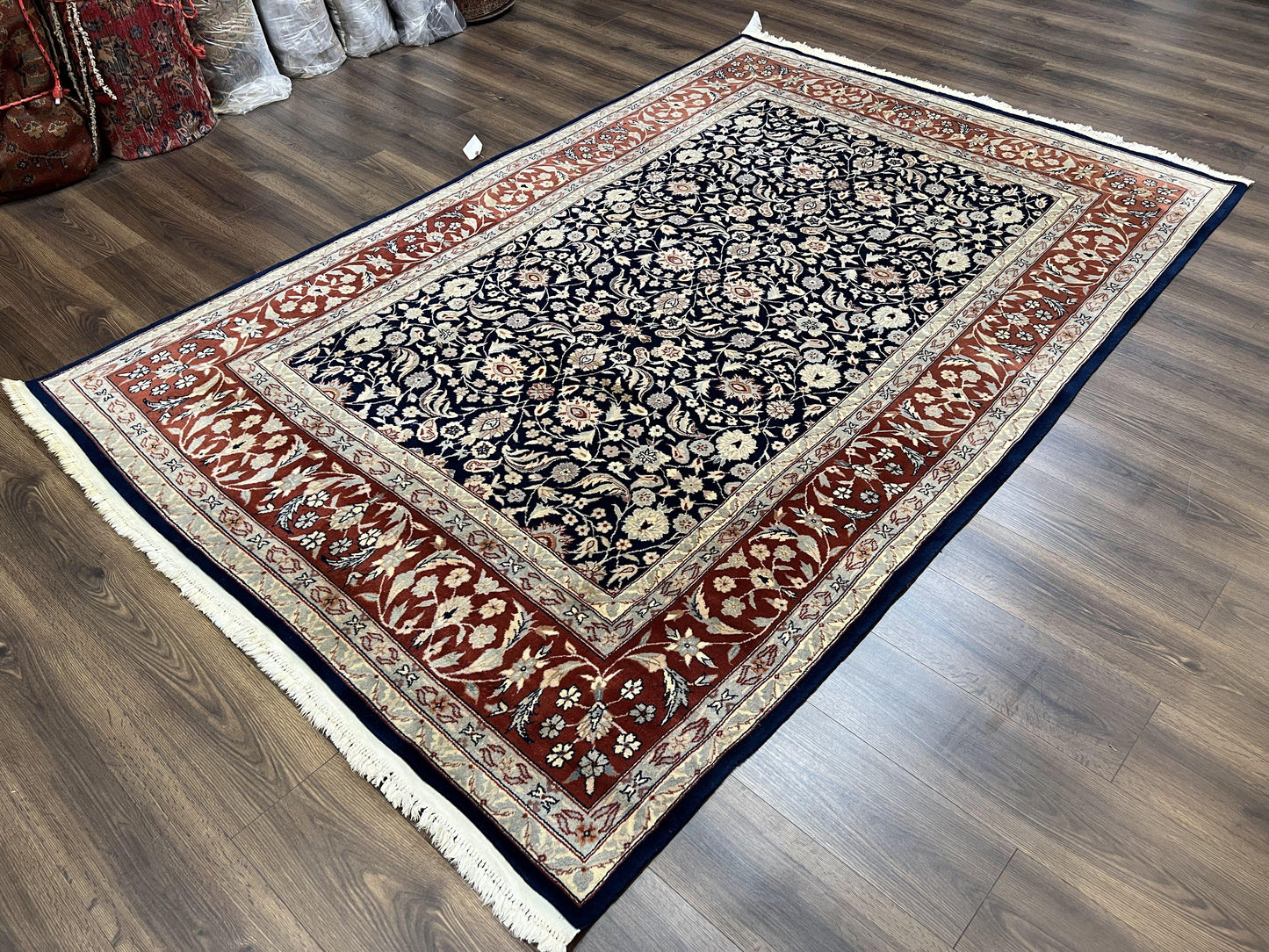 Indo Sarouk Rug 6x9, Vintage Indian Persian Rug, Wool Oriental Carpet, Navy Blue Red Allover Floral Rug, Traditional Very Fine Rug, Area Rug