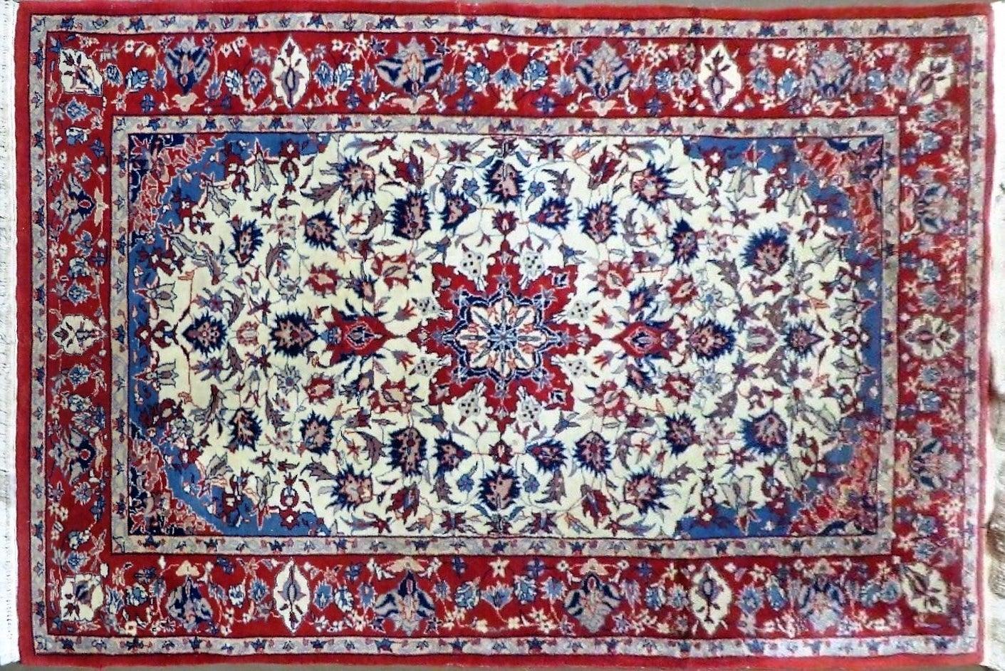 Oriental Floral Medallion Wool Rug Vintage Handmade 3x5 Beige Red Blue Veg Dyes