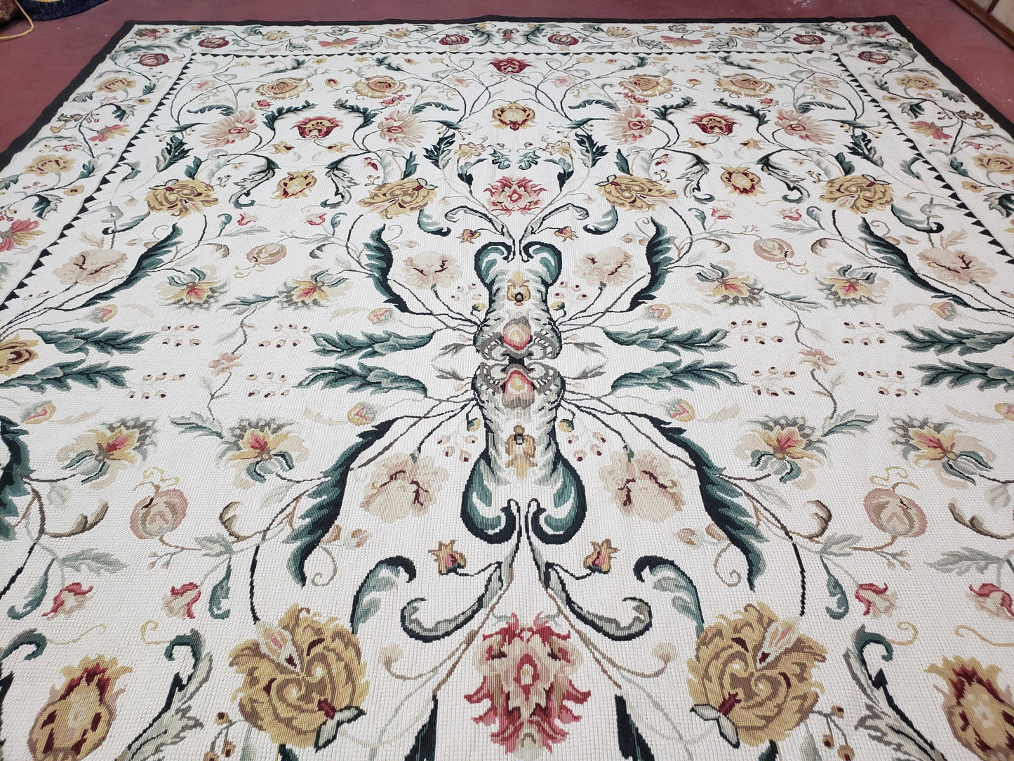 New Needlepoint Rug 9x12, Hand Woven Wool Area Rug, Flatweave Carpet, Handmade Chinese Needlepoint, Floral European Design, Ivory Background