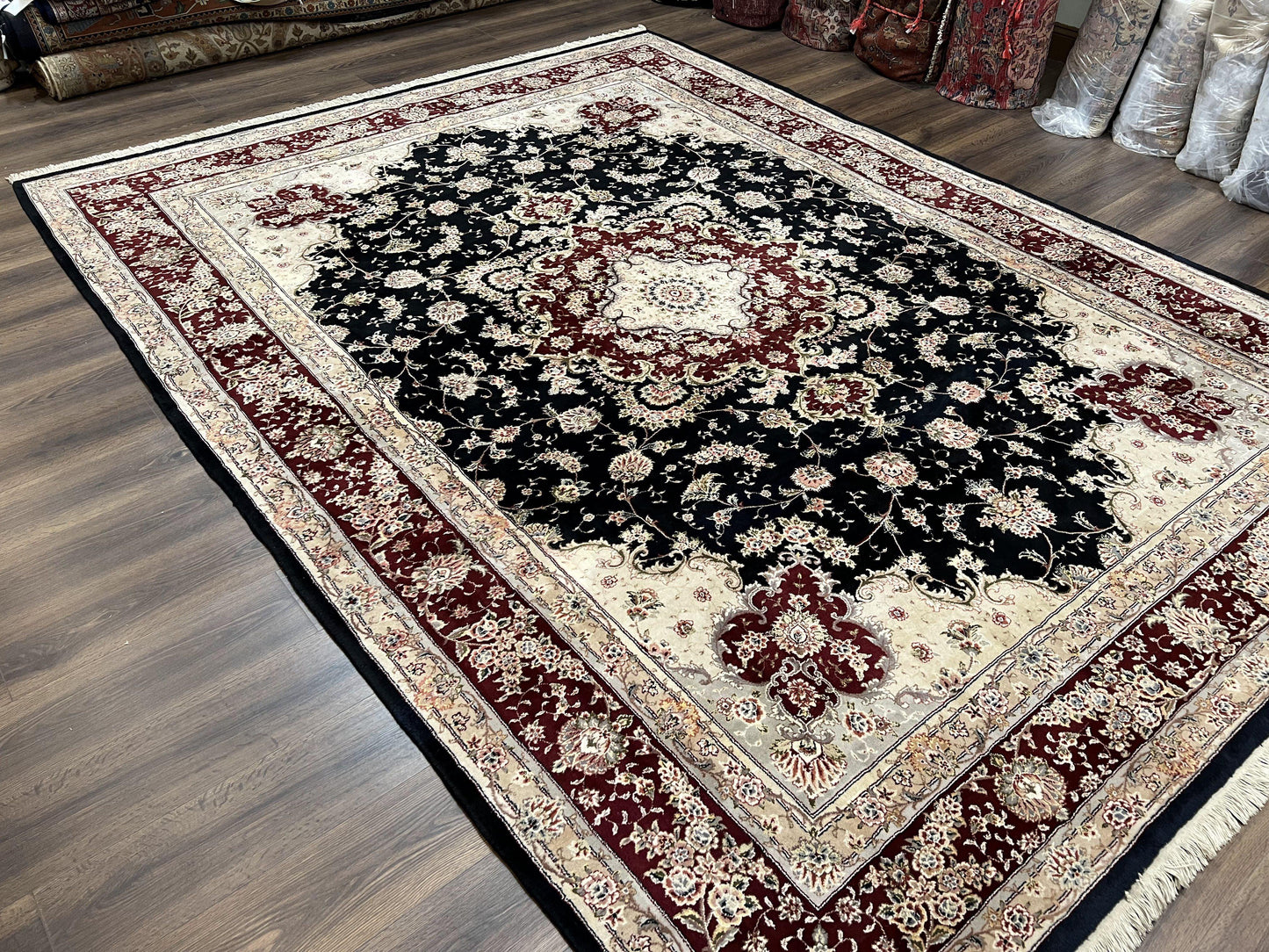 Pak Persian Rug 8.8 x 10.6, Floral Medallion, Wool and Silk Hand Knotted Fine Oriental Carpet, Elegant Rug, Black Gray Burgundy, Room Sized