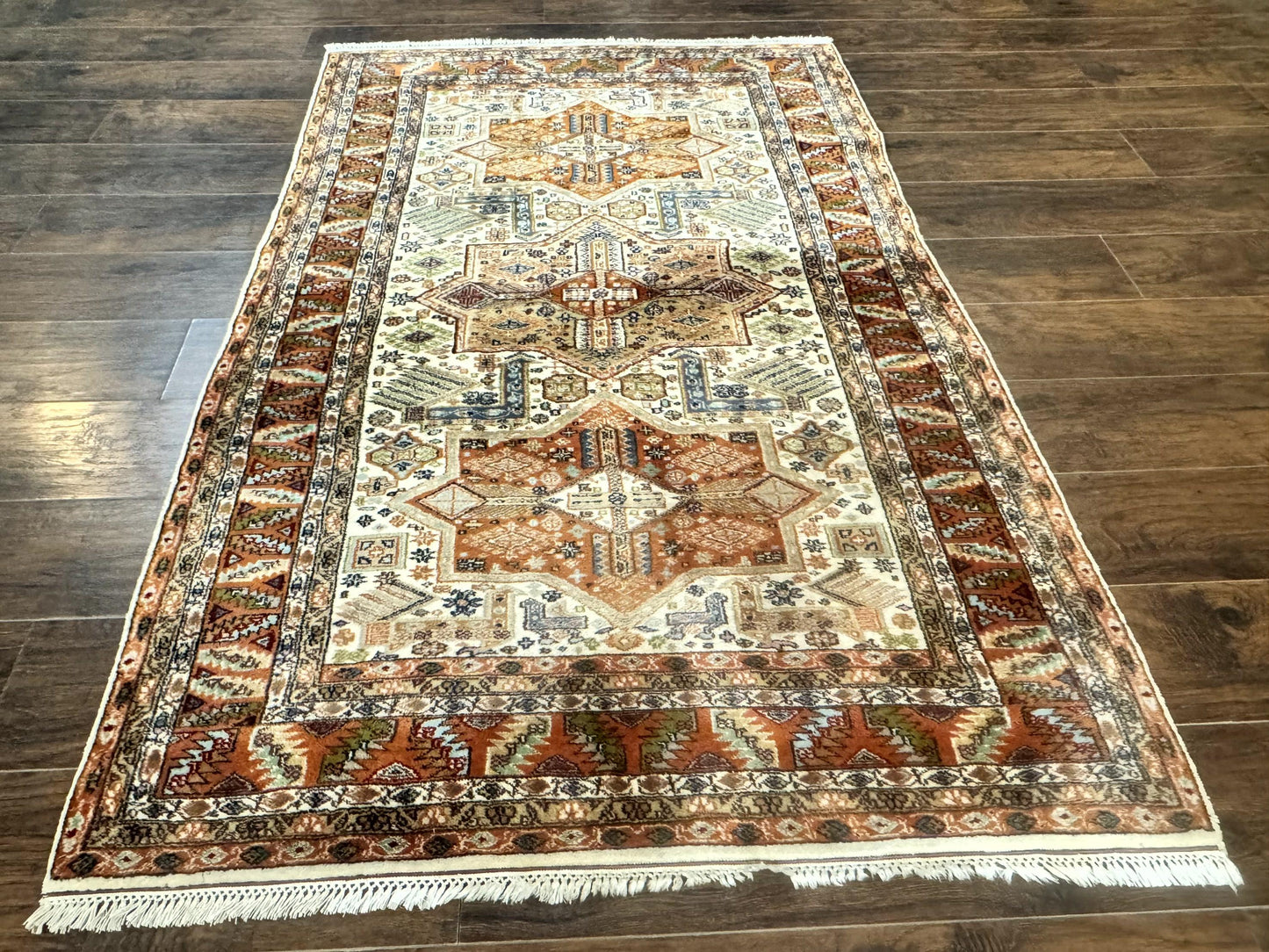 Turkish Kazak Rug 4x6 Geometric Medallions Vintage Hand Knotted Wool Carpet