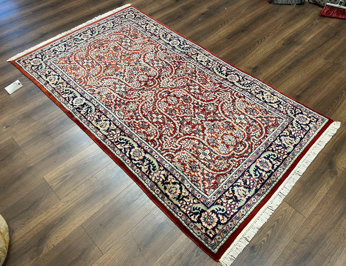 Indo Persian Rug 4x7, Allover Floral Oriental Carpet, Red and Navy Blue, Hand Knotted Indian Kashmiri Traditional Vintage Area Rug 4 x 7 ft