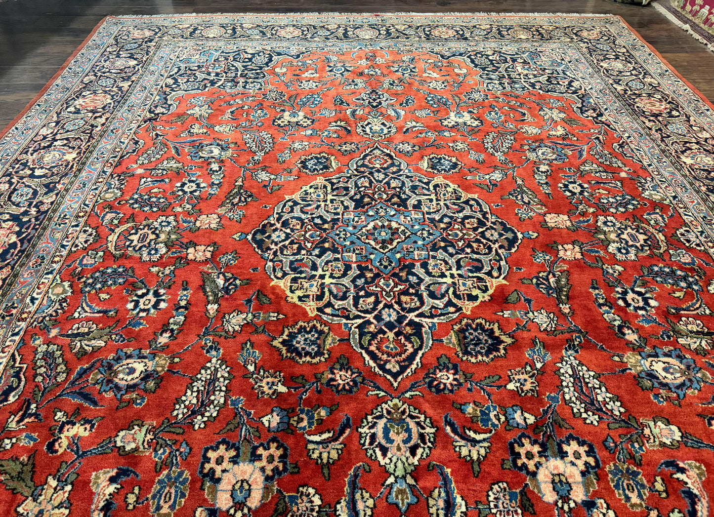Red Persian Kashan Rug 10x14, Hand-Knotted Semi Antique Floral Medallion Handmade Wool Carpet, Red & Navy Blue