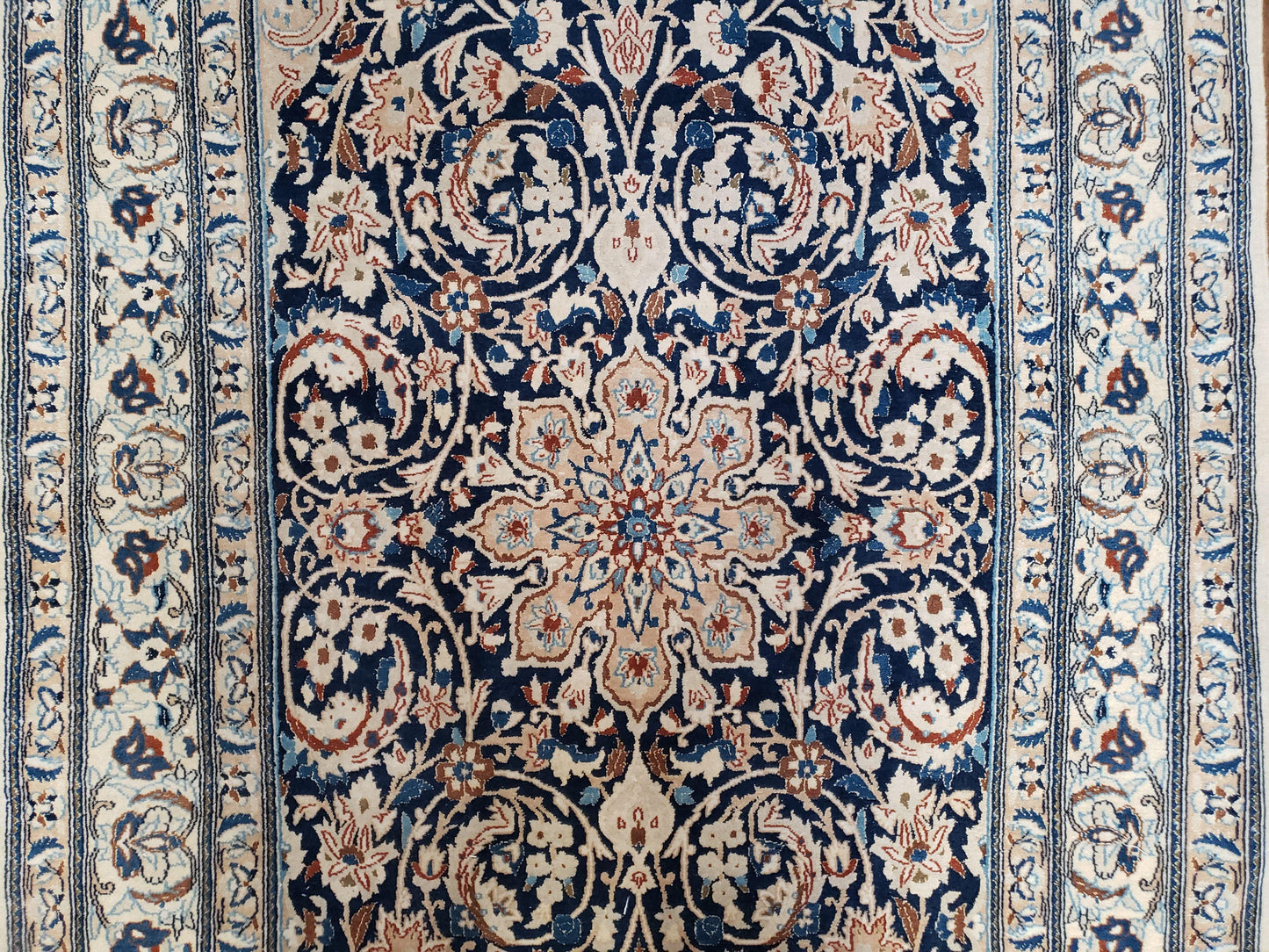 Semi Antique Persian Nain Rug Hand Knotted With Wool Silk Accents Ivory And Blue