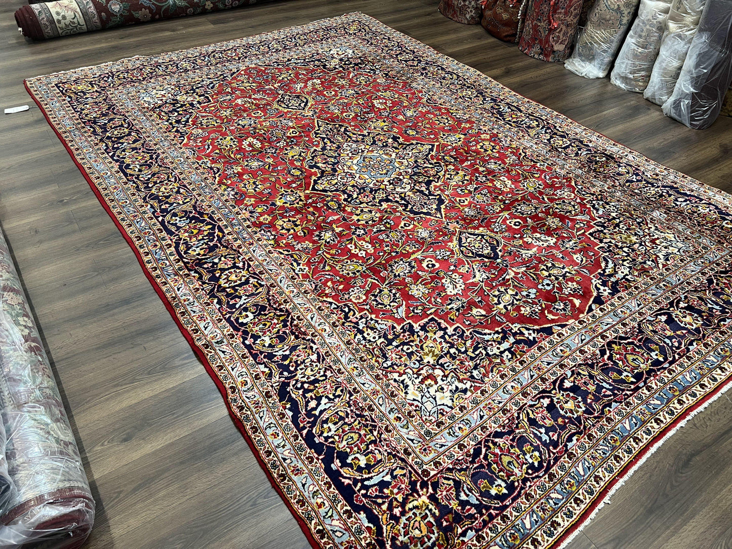 Persian Kashan Rug 9x12 Handmade Wool Oriental Carpet With Floral Medallion And Corner Design