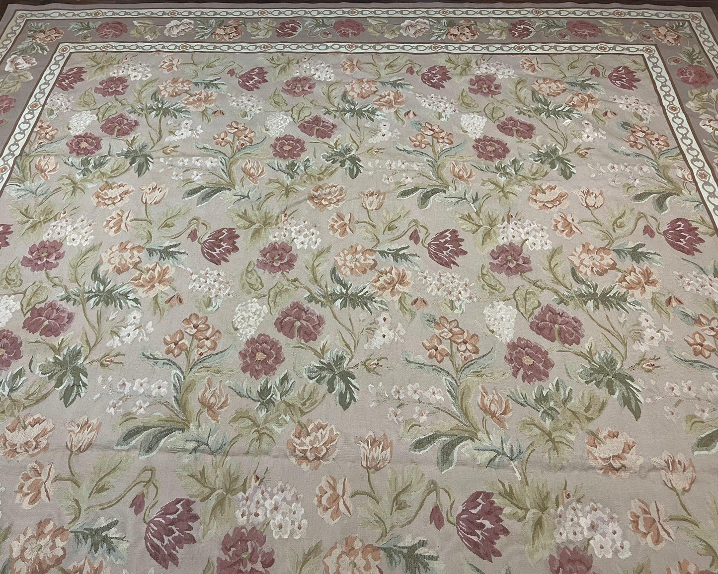 Aubusson Rug 9x12 Wool Handmade Floral Roses Pink Beige Mauve European French Design