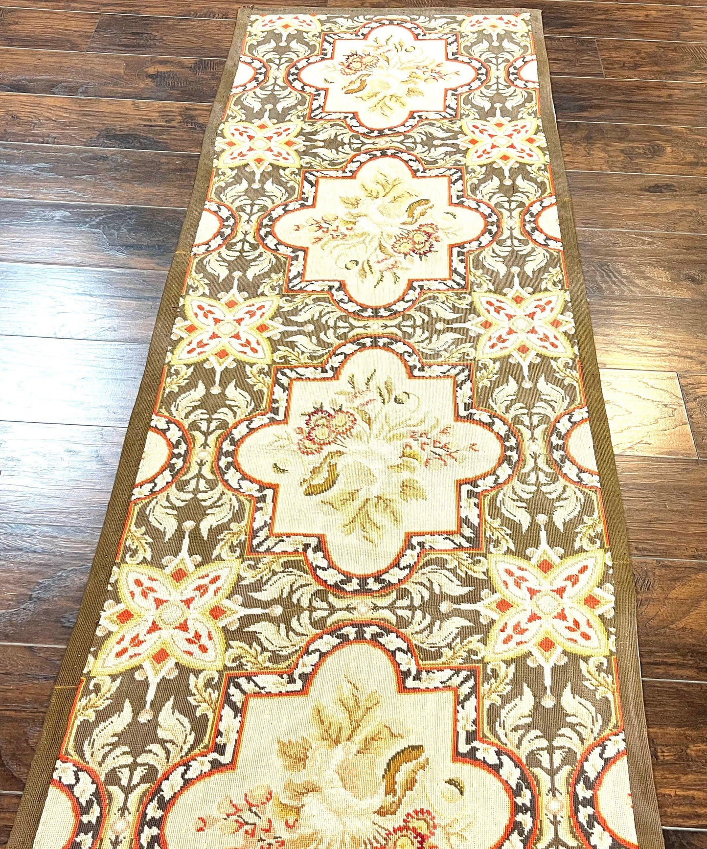 Needlepoint Runner Rug 9.8 Ft Handwoven Wool Floral Brown Beige European Design