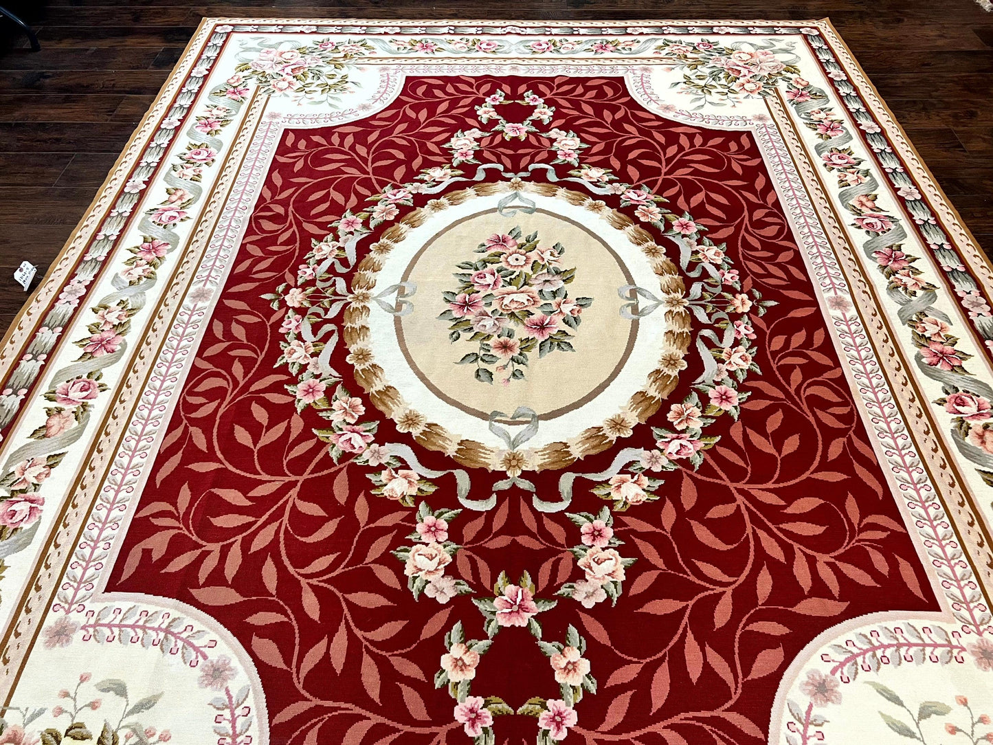 Aubusson Rug Handmade Vintage Needlepoint Carpet 9x12 Red Ivory Wool Elegant European Design