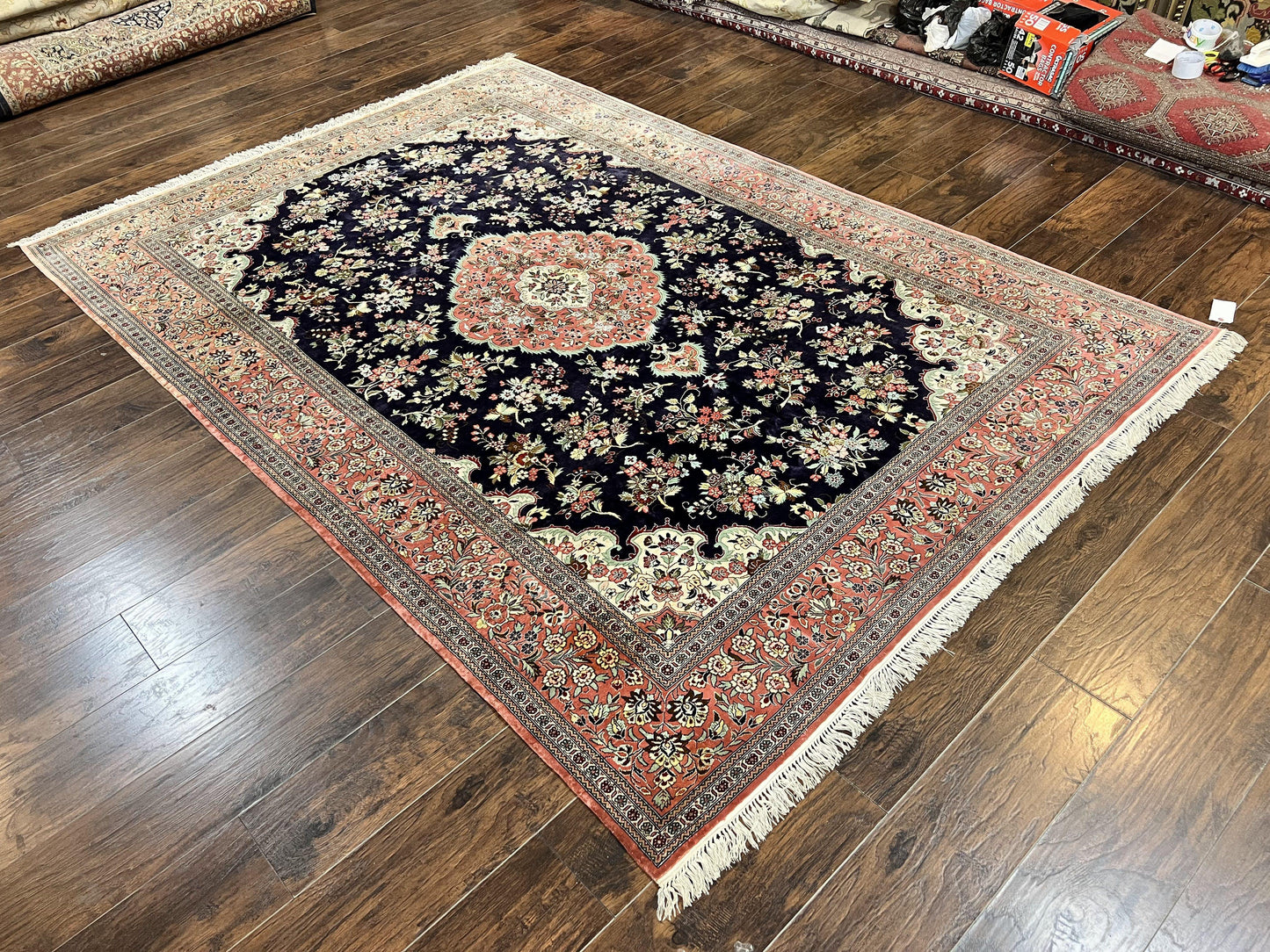 Silk Persian Qum Rug 7x9 Hand Knotted Navy Blue Salmon Floral Medallion Authentic Oriental Carpet