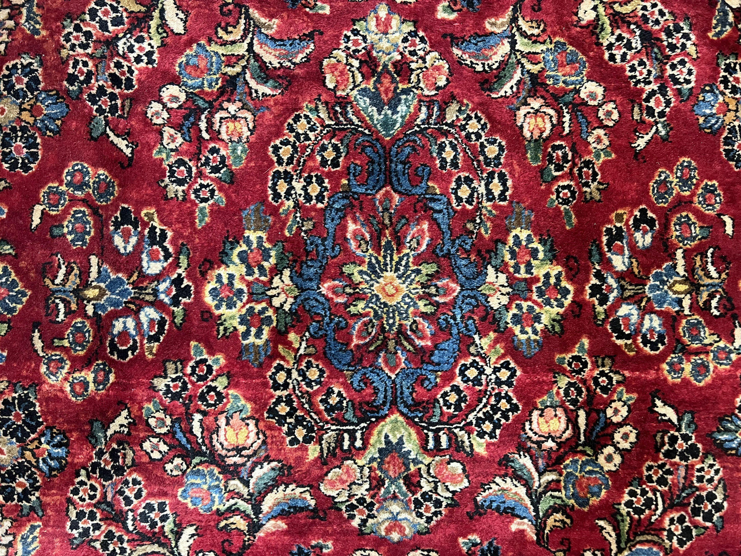 Rare Persian Almost Square Rug 6.3 x 5.3, Hand Knotted Wool Antique 1920s Sarouk Oriental Carpet, Red Navy Blue Beige, Floral Allover, 5x6 Area Rug