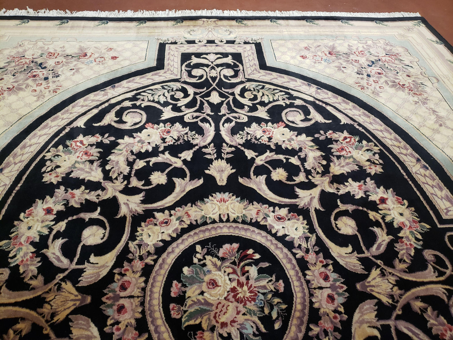 Aubusson Rug 8x10 Hand Knotted Wool Savonnerie Black Ivory French Design