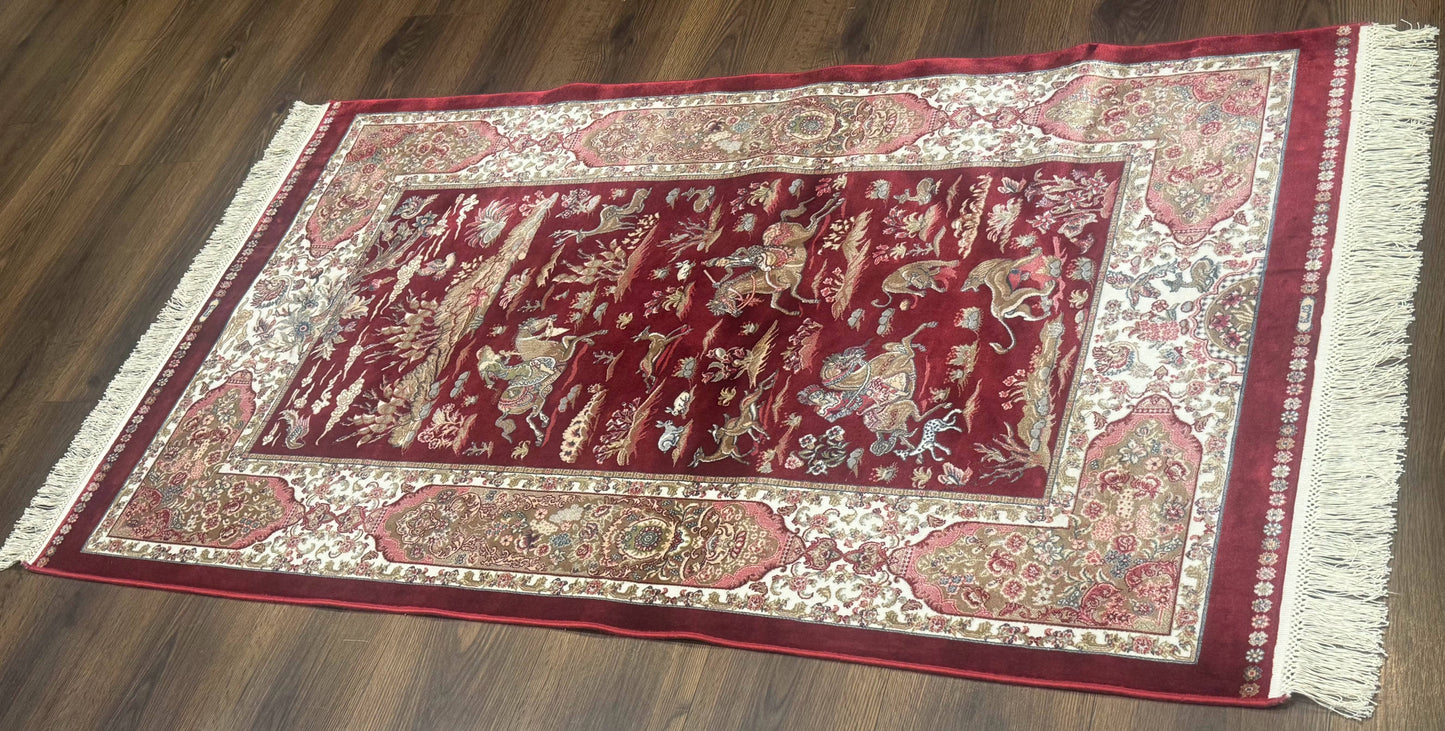Turkish Silk Rug 3x5 Hunting Design Dark Red Ivory Bamboo Silk Area Rug