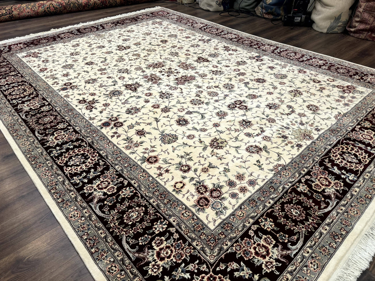 Sino Persian Rug 9x12 Hand Knotted Wool Silk Highlights Floral Allover Ivory And Dark Maroon