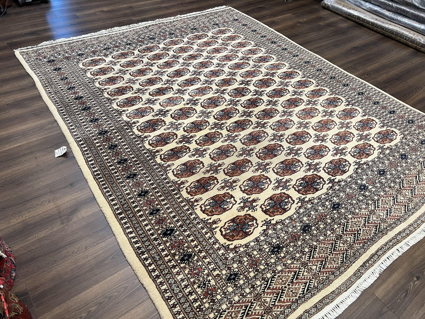 Pakistani Bokhara Rug 8x10, Traditional Turkoman Tribal Carpet, Allover Repeated Elephant Foot Motif, Ivory/Cream Black Red, Vintage Handmade