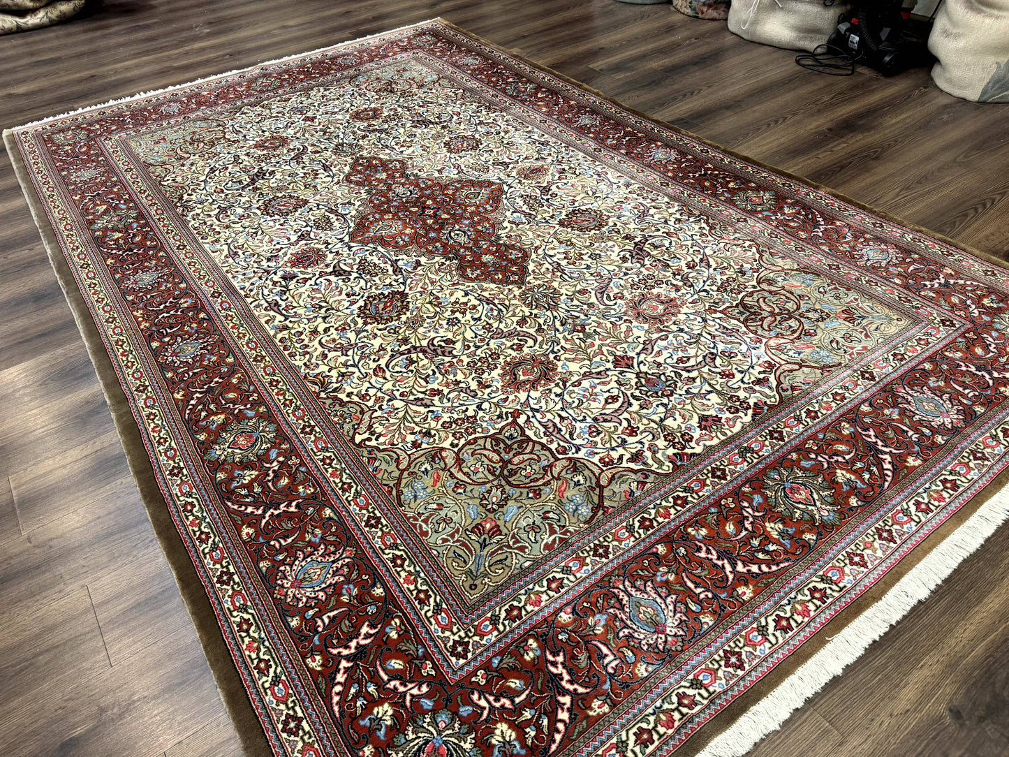 Persian Qum Rug 7x11 Beige Red Floral Medallion 260 KPSI Hand Knotted