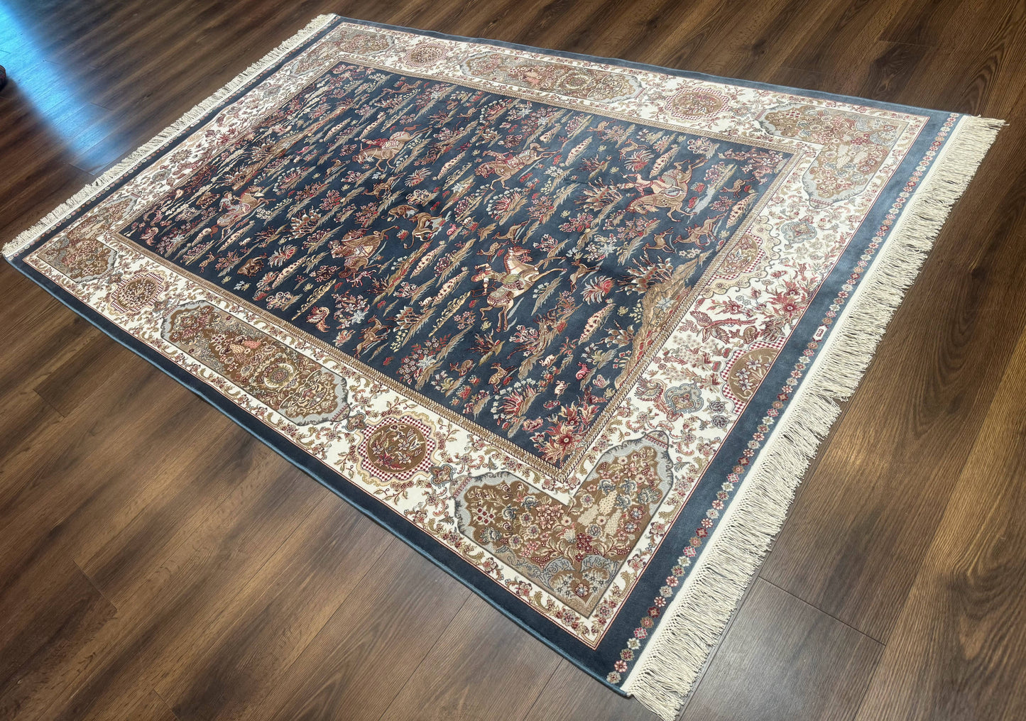 Bamboo Silk Rug Hunting Design 5x8 Steel Blue Ivory Contemporary Area Rug