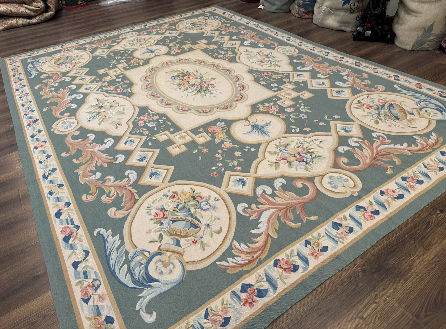 Aubusson Rug 9x12 Muted Sage Green Cream European Design Handwoven Wool