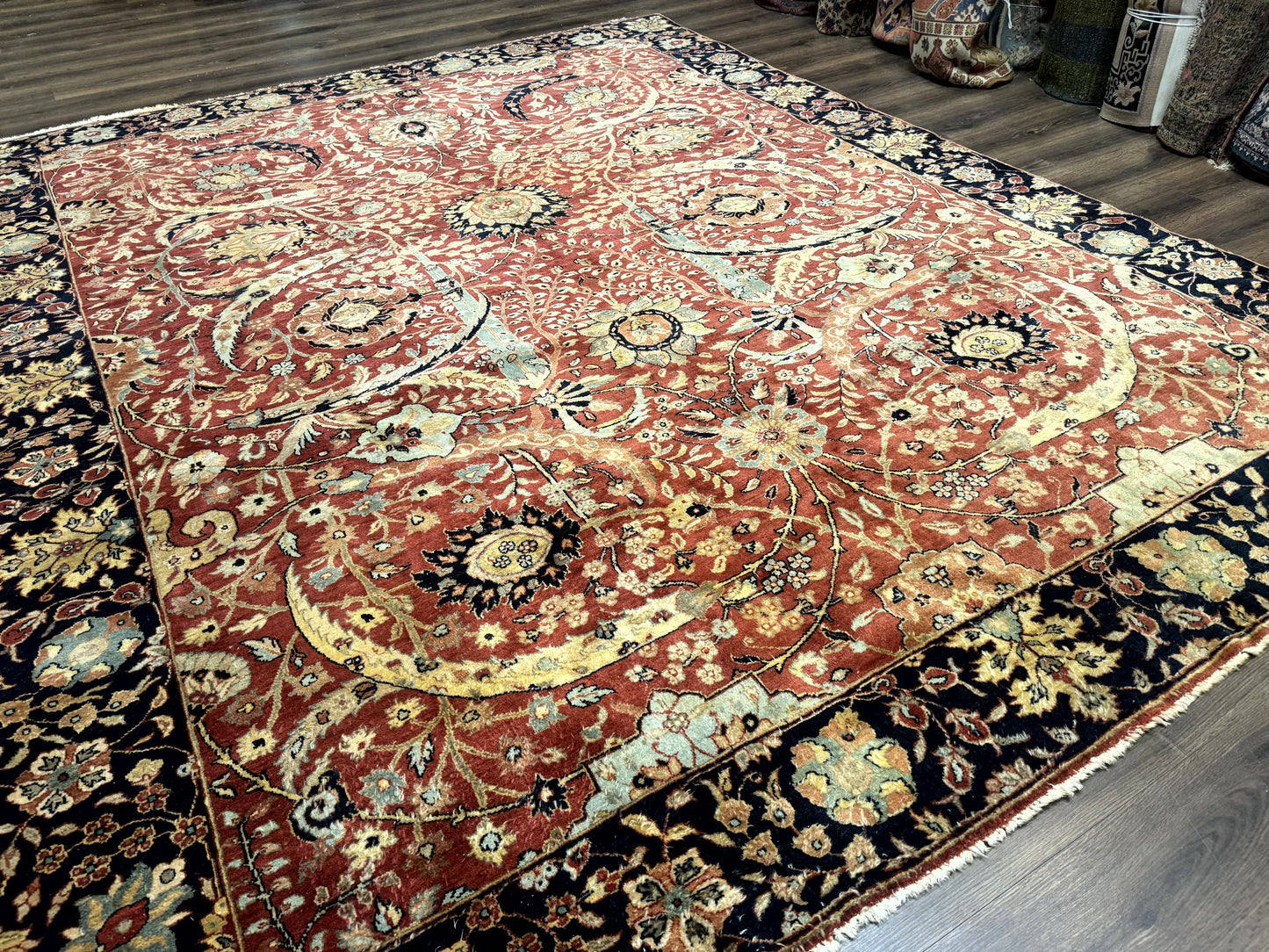 Indian Agra Rug 9x11, Terracotta and Navy Blue, Sickle Leaf Rug