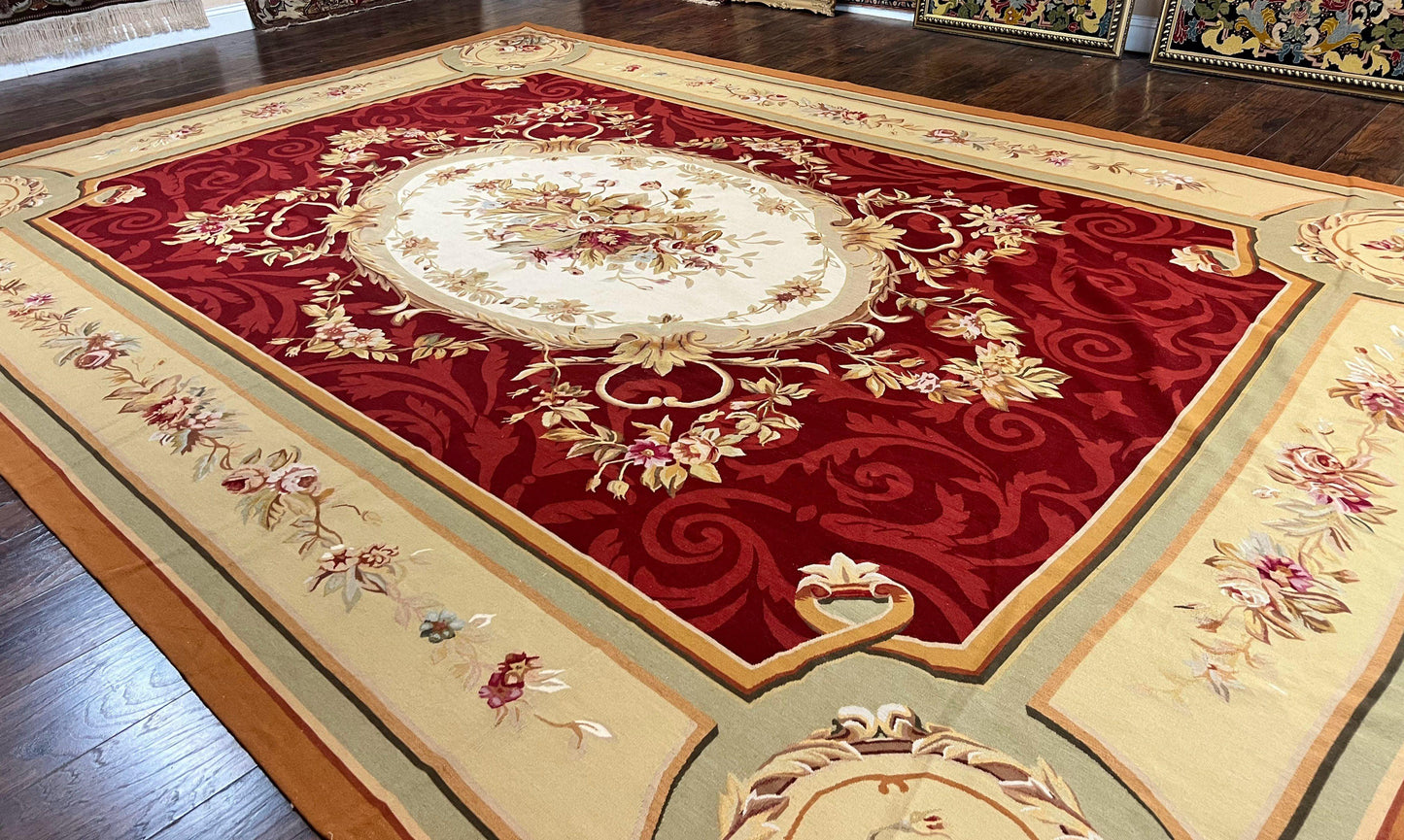 Large Aubusson Rug 10x14, Wool Handmade Vintage Carpet, Dark Red Ivory Tan, French European Elegant Aubusson Weave Rug