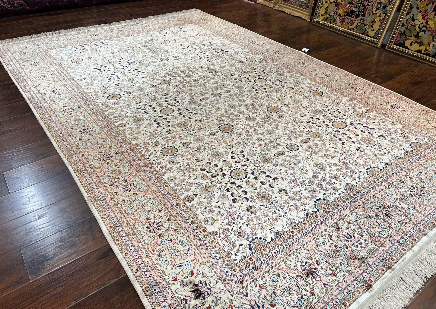 Hereke Silk Rug Vintage 8x12 Handmade Ivory Cream Floral Pattern Pile