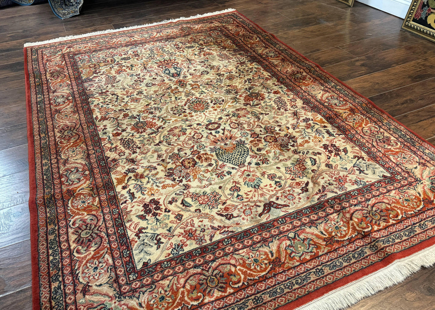 Antique Persian Rug 5x7 Allover Floral With Vases Beige Red Belgian Power Loomed Wool