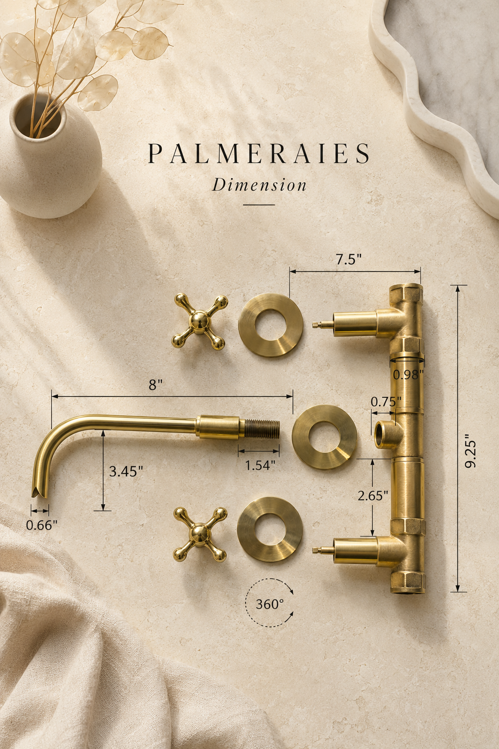 A brass faucet set laid out on a beige fabric surface with overlaid dimension labels and measurements, including a curved spout, cross handles, washers, and a vertical valve/tray assembly. The text 'PALMERAIES Dimension' appears above the layout.