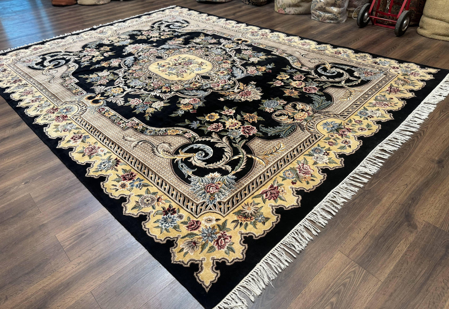 Aubusson Rug 9x12 Black And Beige Floral Elegant Handmade Carpet