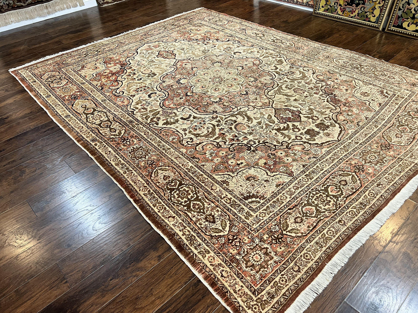 Antique Persian Tabriz Rug 10x12 Hand Knotted Wool Carpet Floral Medallion Beige and Light Red