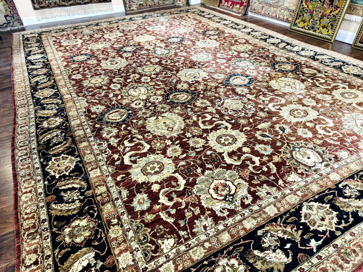 Palace Sized Indian Agra Rug 12x17, Wool Handmade Floral Allover Carpet