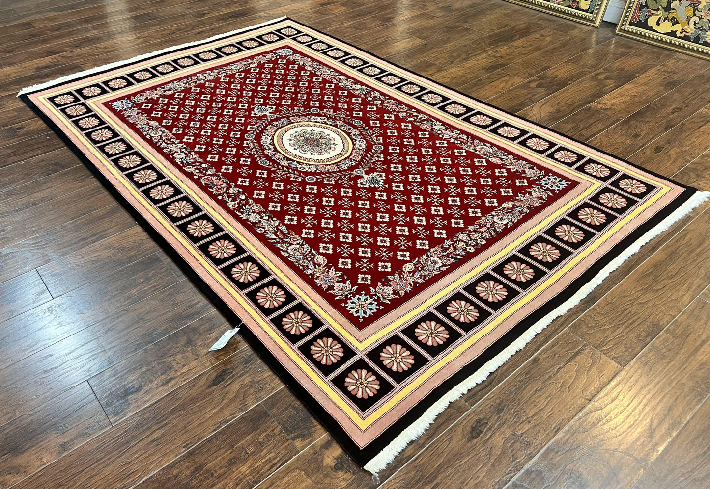 Pakistani Rug 6x9, European Aubusson Design, Wool Handmade Vintage Carpet, Dark Red, 6 x 9 Medium Sized Rug